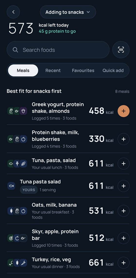 Add food, Meals tab